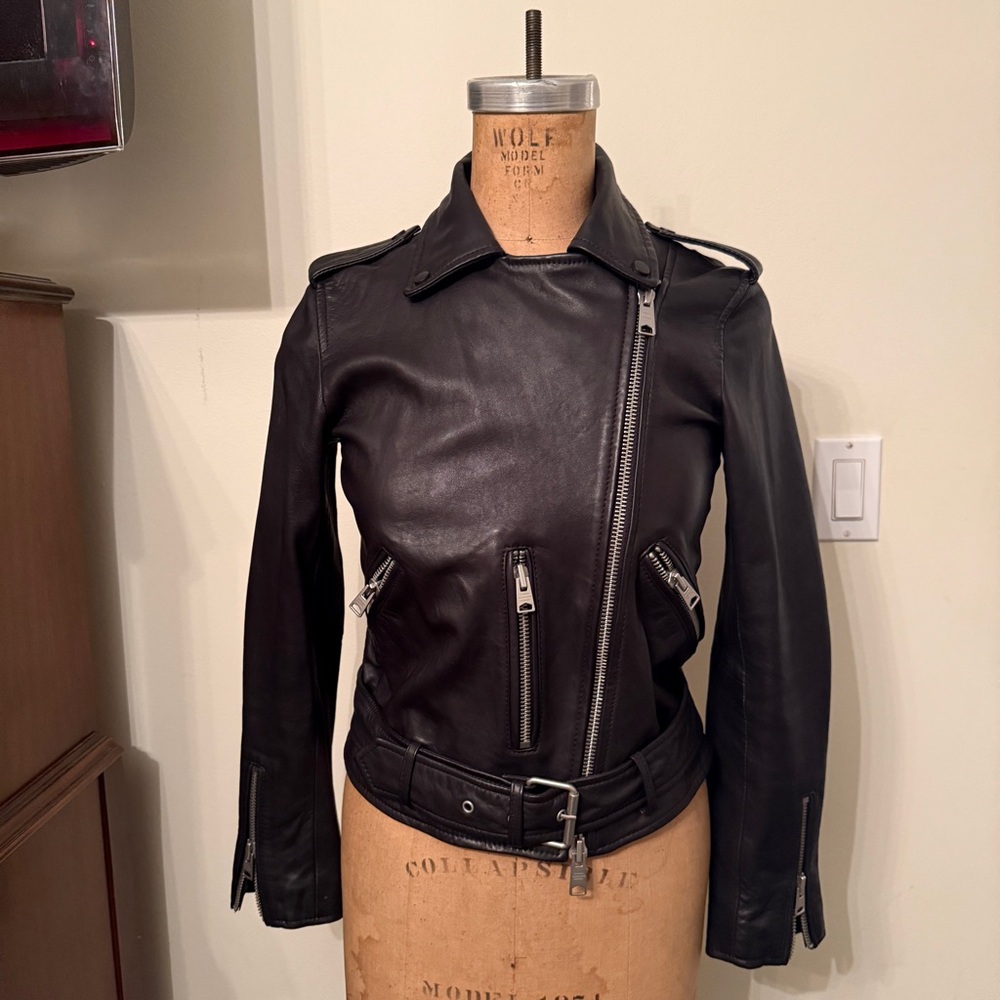 AllSaints Black Palm Tree Studded Balfern Leather Jacket